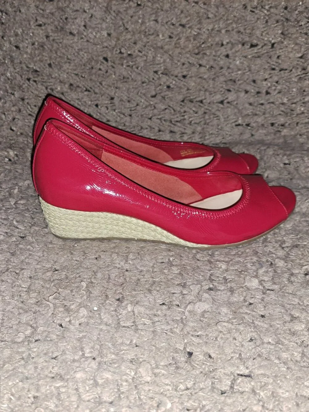 COLE HAAN- Cherry Red Patent Leather-Peep Toe Espadrille Wedge-Sz 6-Near Mint